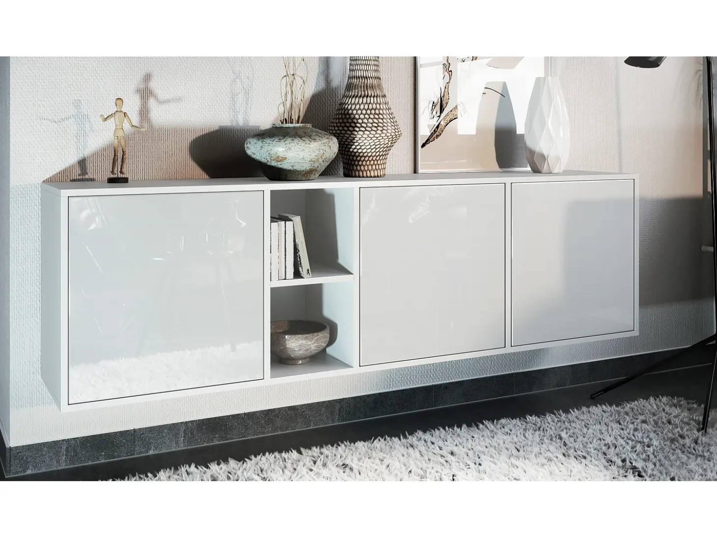 Cómoda Vladon Cuba - blanco mate/blanco de alto brillo - Aparador moderno para su salón - (AnxAlxPr) 182x53x35 cm