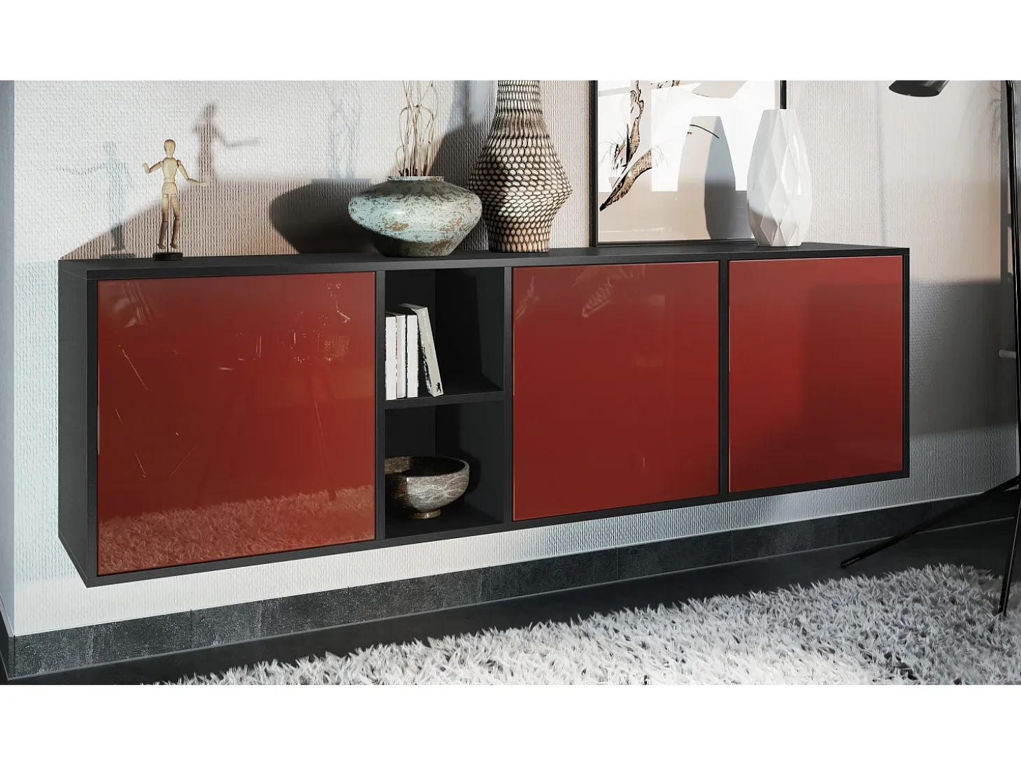 Cómoda Vladon Cuba - negro mate/burdeos de alto brillo - Aparador moderno para su salón - (AnxAlxPr) 182x53x35 cm
