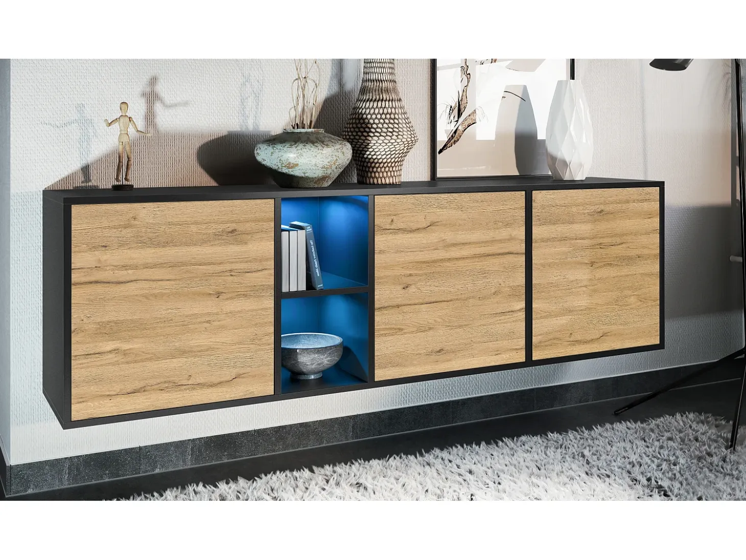 Cómoda Vladon Cuba - negro mate/roble natural - Aparador moderno para su salón - (AnxAlxPr) 182x53x35 cm