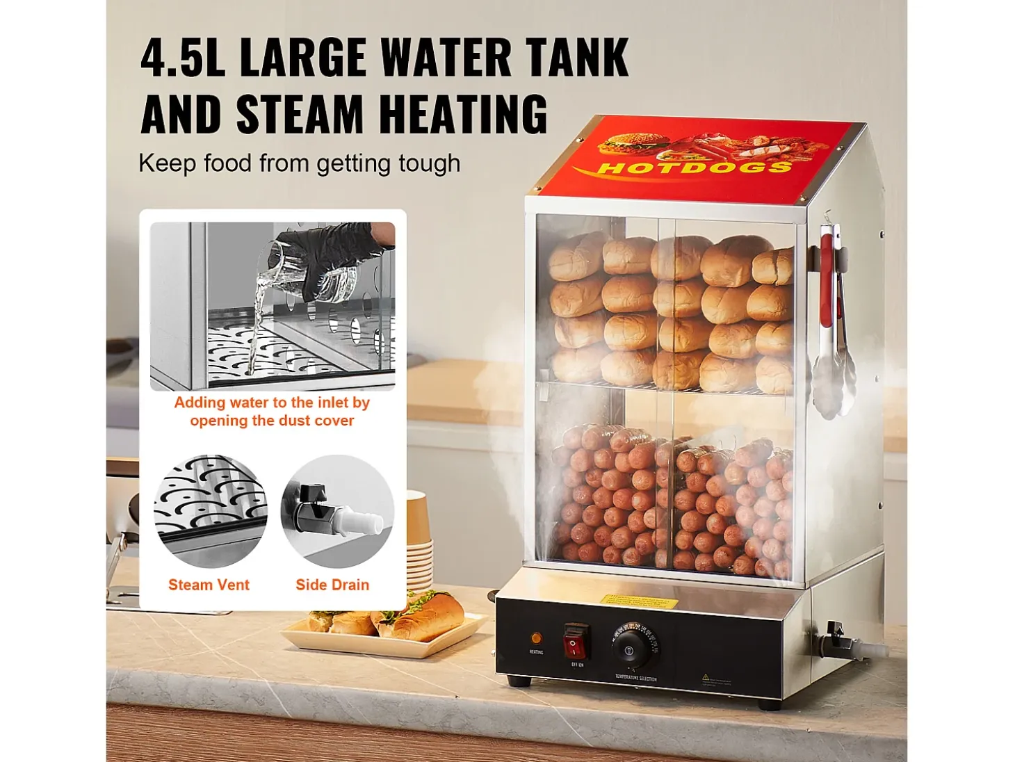 Cocedora de Vapor SucceBuy para Hot Dogs Comerciales, Calentador Eléctrico de Panecillos de 2 Niveles con Puertas Corredizas, 37 L