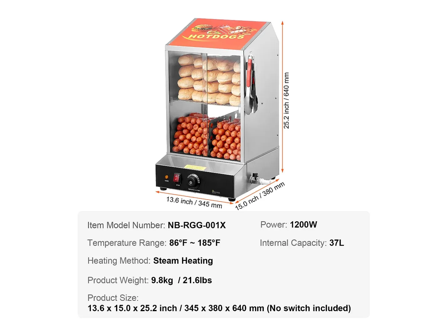 Cocedora de Vapor SucceBuy para Hot Dogs Comerciales, Calentador Eléctrico de Panecillos de 2 Niveles con Puertas Corredizas, 37 L
