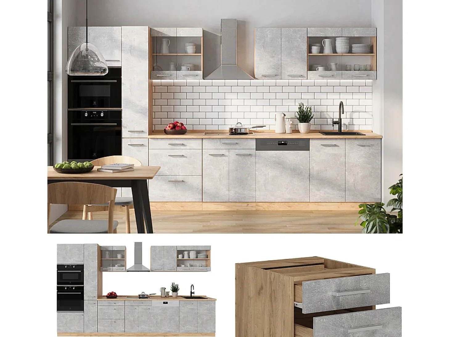 Cocina completa hormigón/roble dorado 350x60x81.6 r-line
