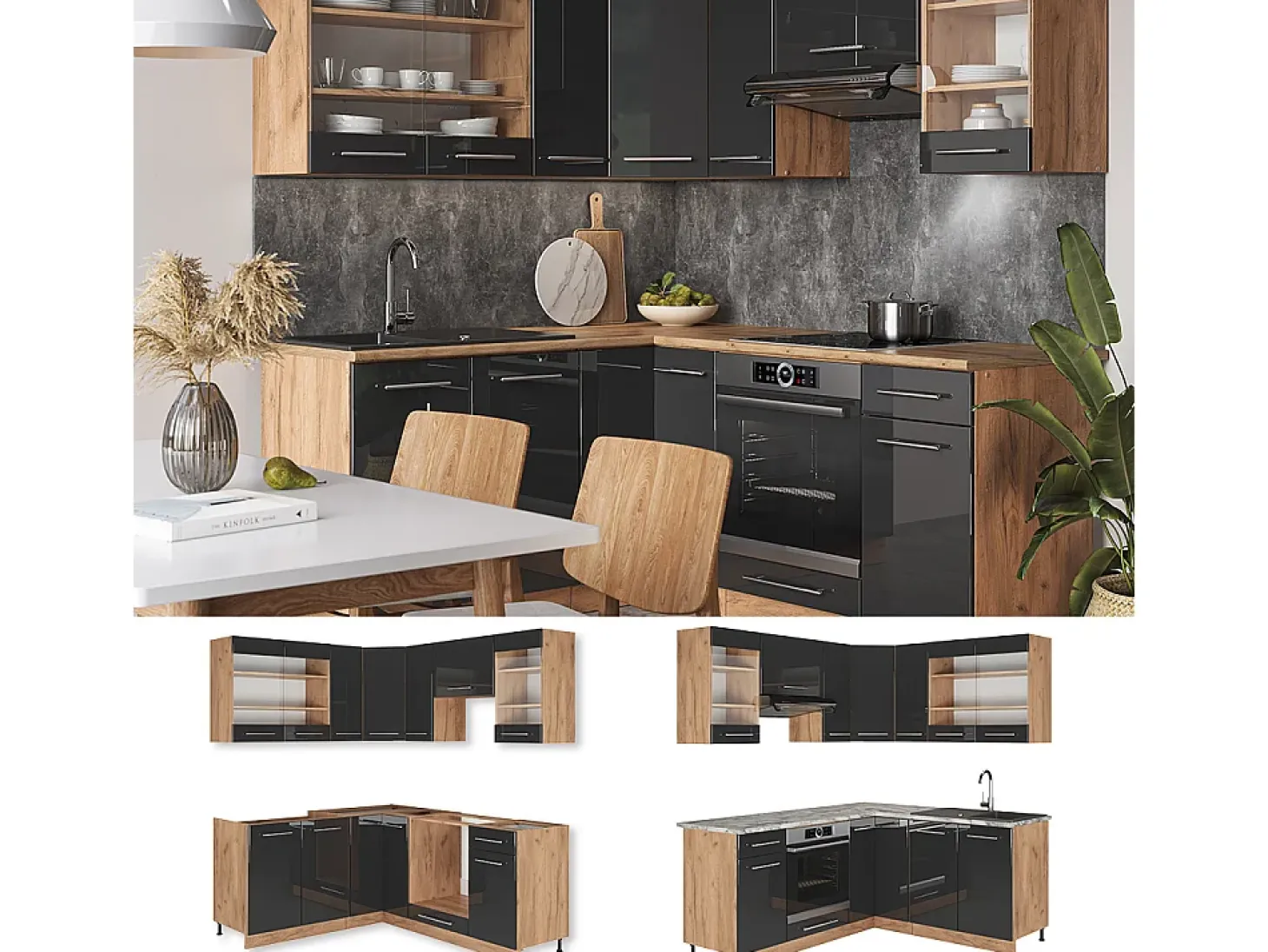 Cocina esquinera antracita brillo intenso/roble dorado eléctrico 190x60x81.6 fame-line