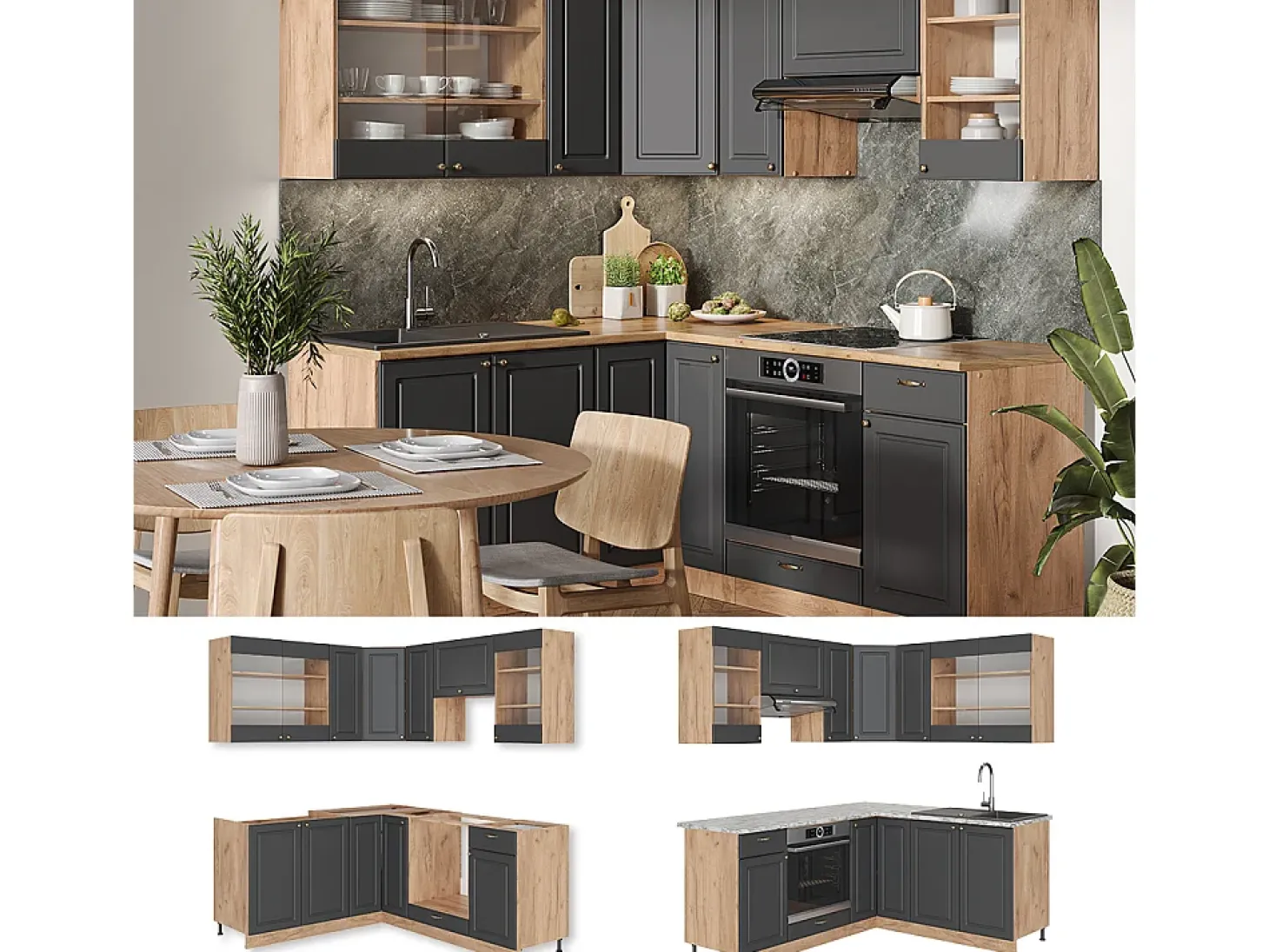 Cocina esquinera antracita casa de campo/roble kraft dorado 190x60x81.6 fame-line