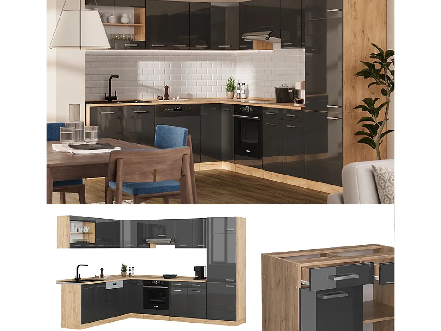 Cocina esquinera antracita brillo intenso/roble dorado eléctrico 287x46x81.6 r-line