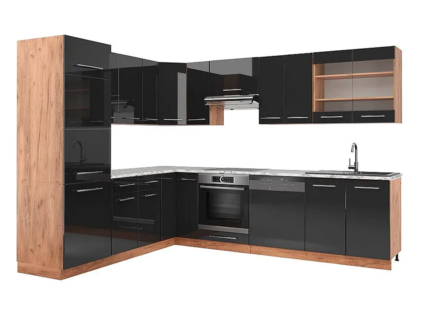 Cocina esquinera antracita brillo intenso/roble dorado eléctrico 227x60x81.6 fame-line