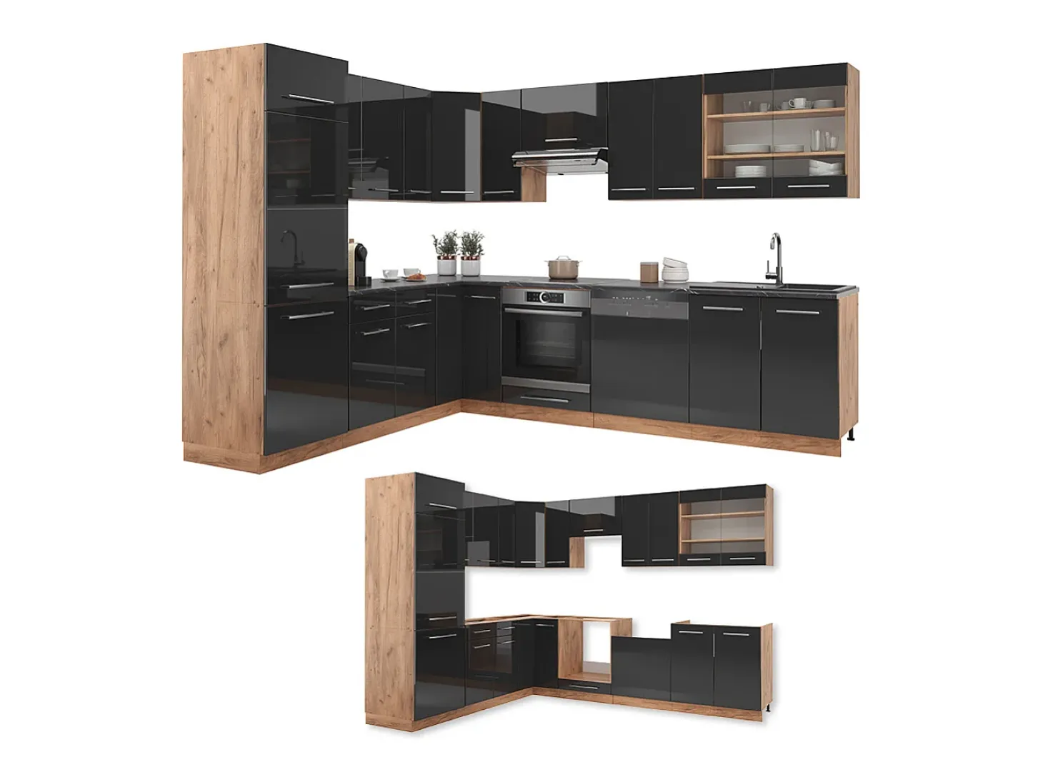 Cocina esquinera antracita brillo intenso/roble dorado eléctrico 227x60x81.6 fame-line