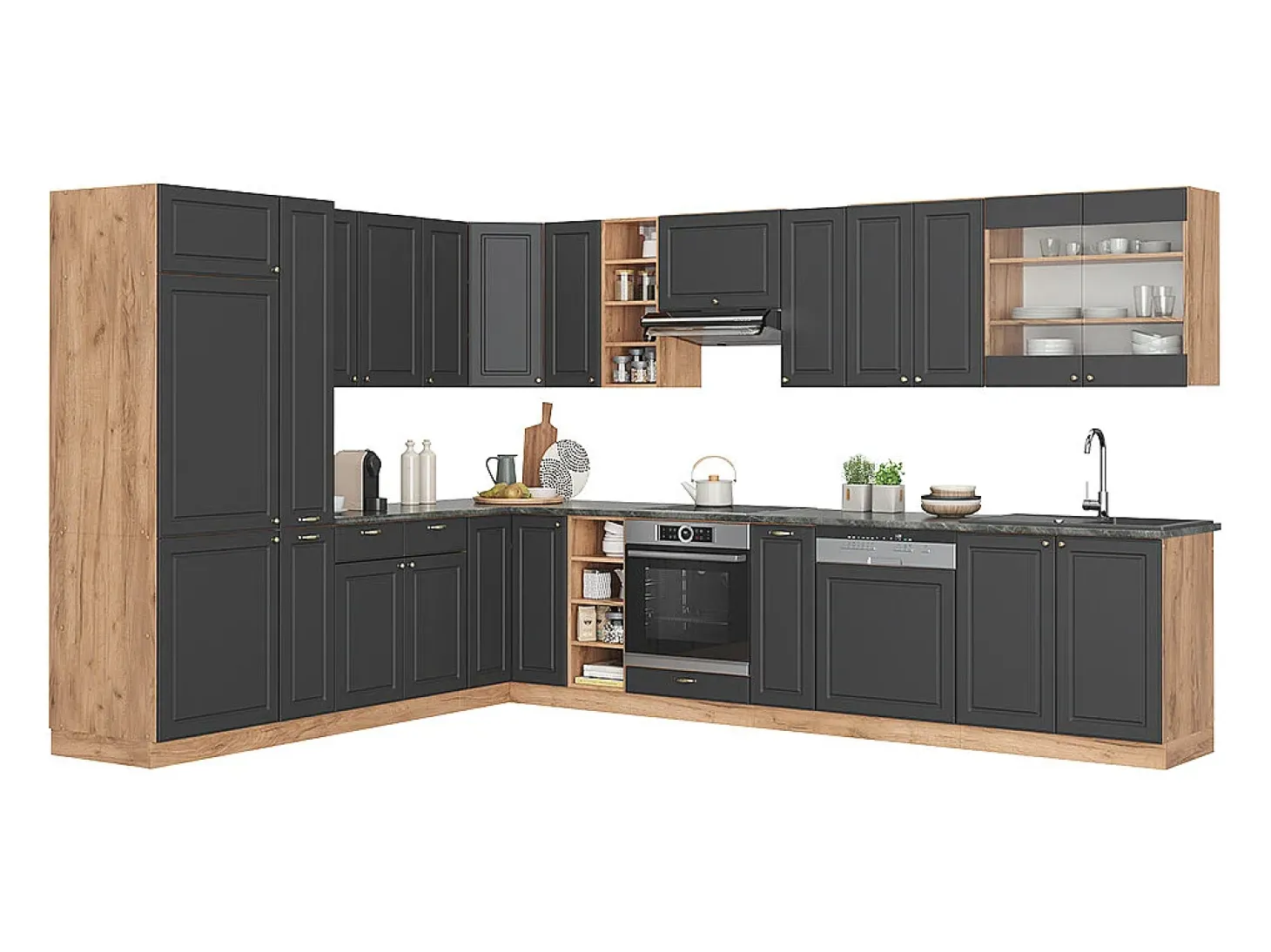 Cocina esquinera antracita casa de campo/roble kraft dorado 347x60x81.6 fame-line