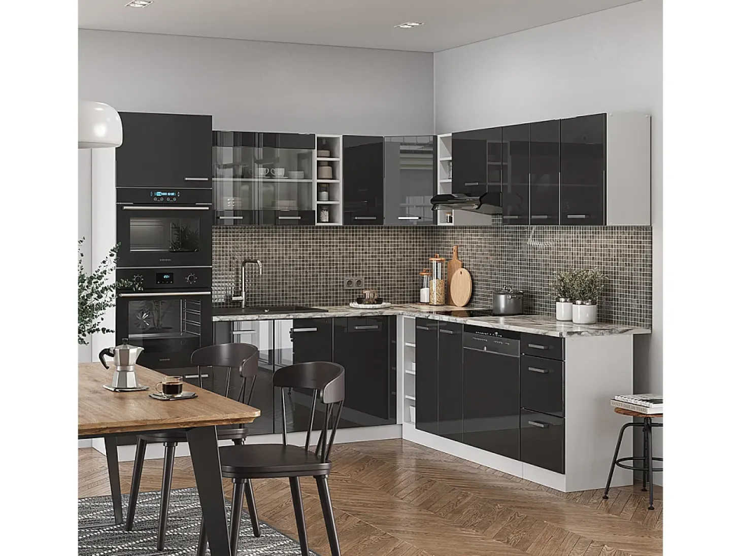 Cocina esquinera antracita brillo intenso/blanco 247x60x81.6 r-line