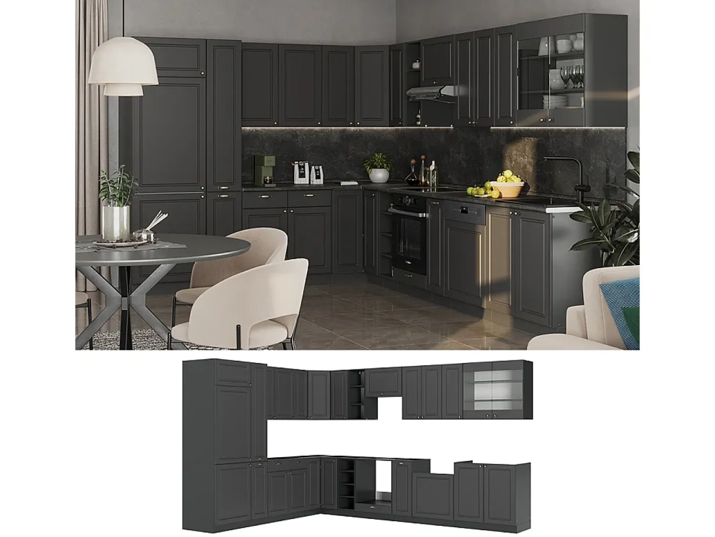 Cocina esquinera antracita-oro landhaus 347x46x81.6 fame-line