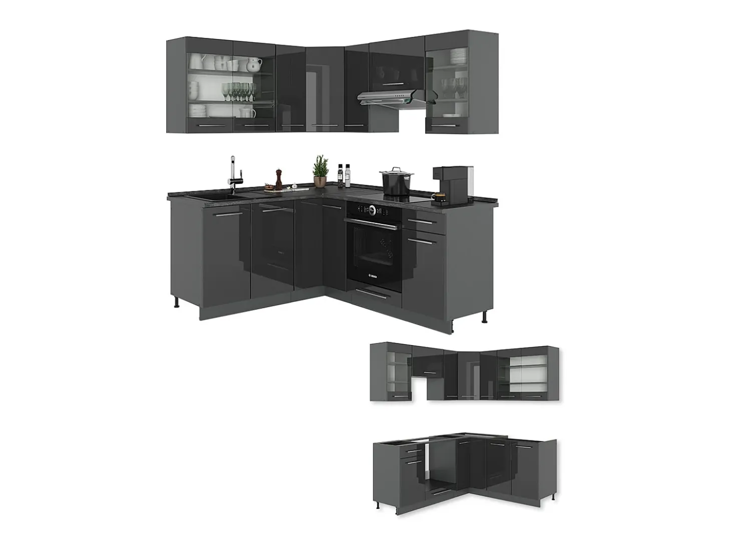 Cocina esquinera antracita alto brillo 190x60x81.6 fame-line