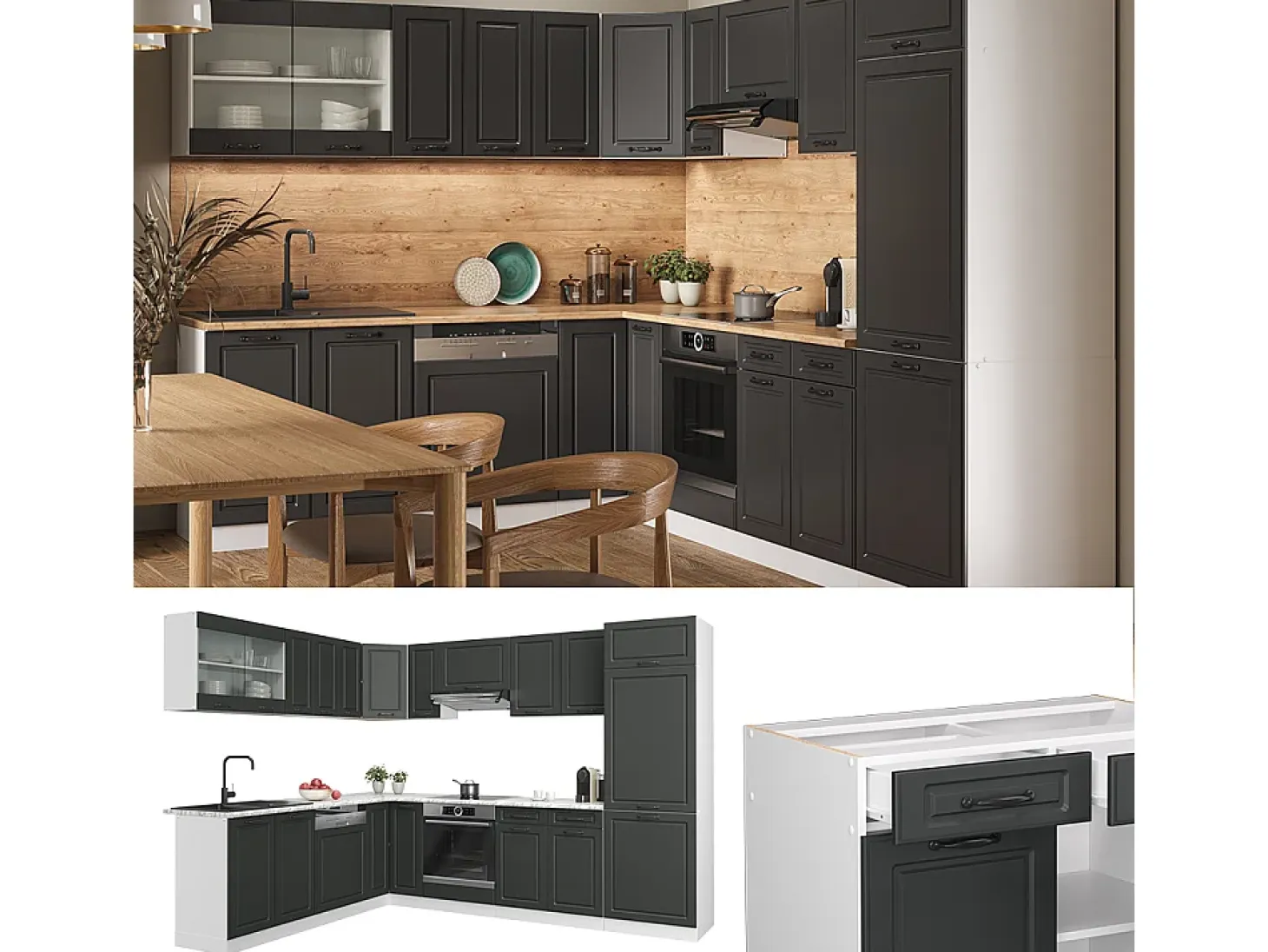 Cocina esquinera antracita casa de campo/blanco 287x60x81.6 r-line