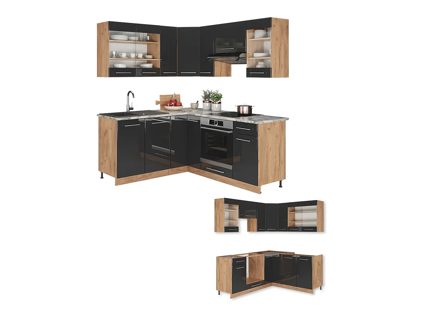 Cocina esquinera antracita brillo intenso/roble dorado eléctrico 190x60x81.6 fame-line