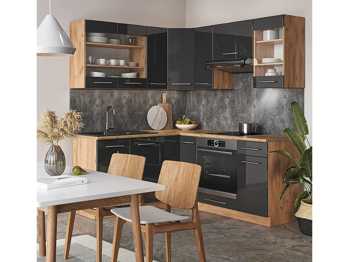 Cocina esquinera antracita brillo intenso/roble dorado eléctrico 190x60x81.6 fame-line