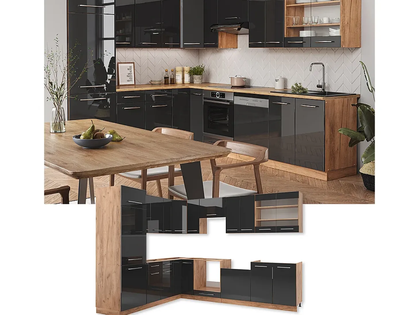 Cocina esquinera antracita brillo intenso/roble dorado eléctrico 227x60x81.6 fame-line