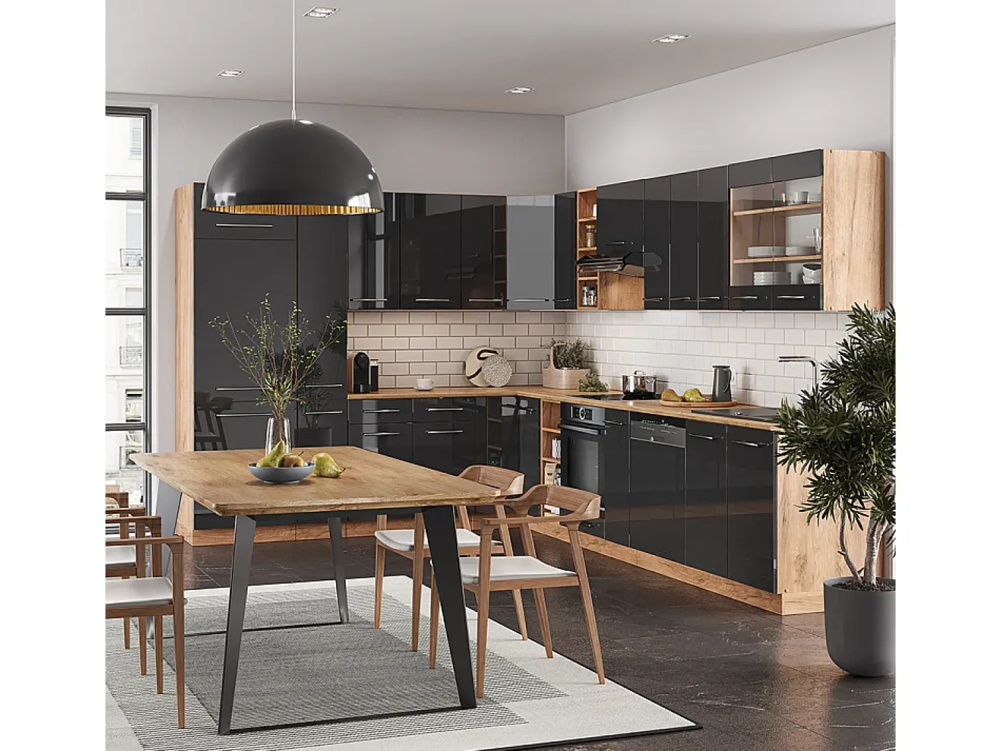 Cocina esquinera antracita brillo intenso/roble dorado eléctrico 347x60x81.6 fame-line