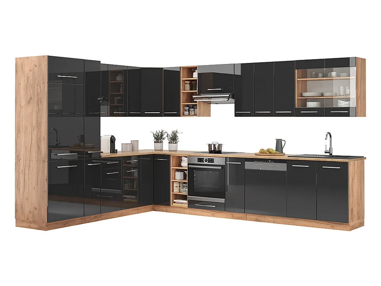 Cocina esquinera antracita brillo intenso/roble dorado eléctrico 347x60x81.6 fame-line