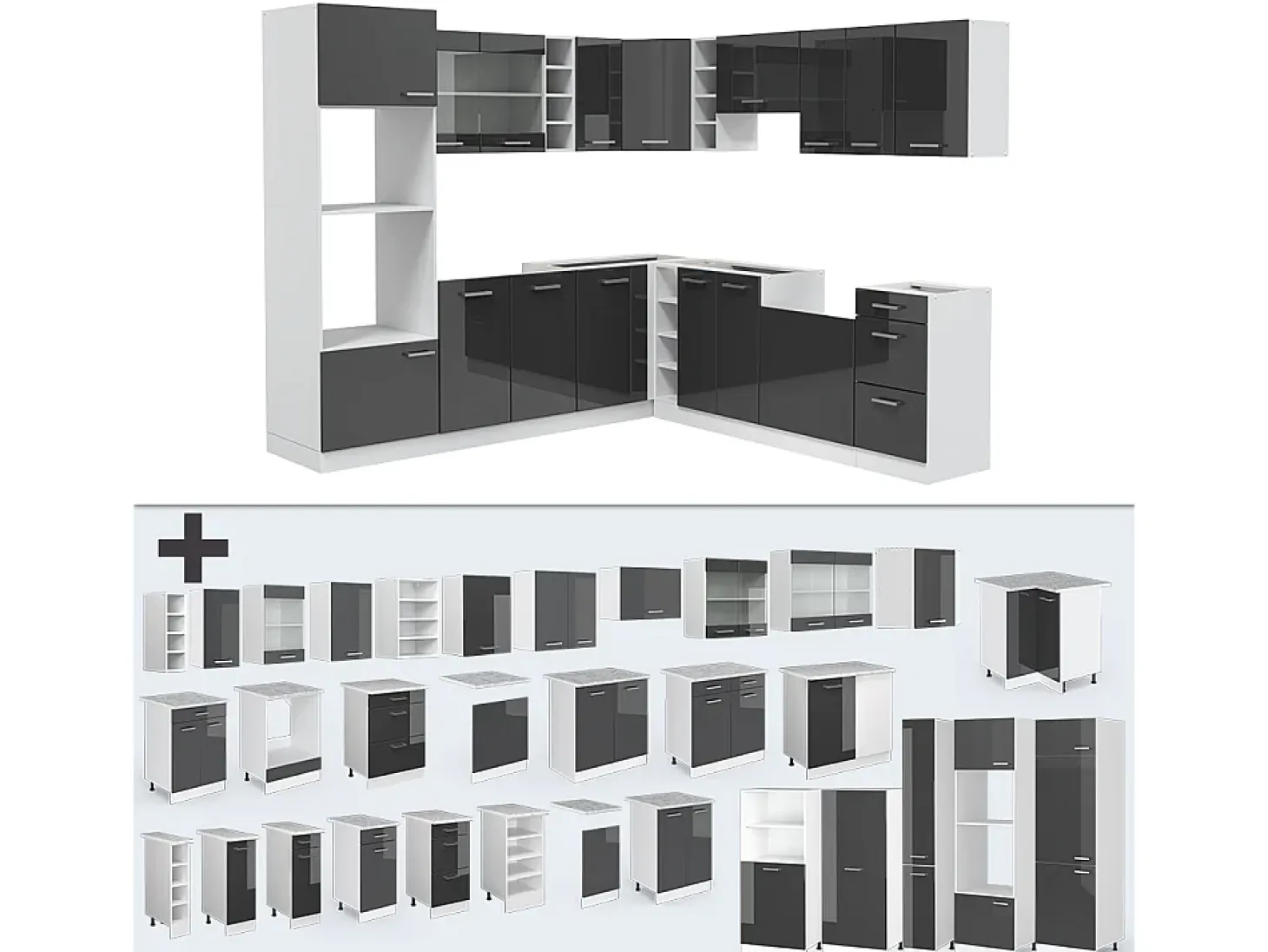 Cocina esquinera antracita brillo intenso/blanco 247x60x81.6 r-line