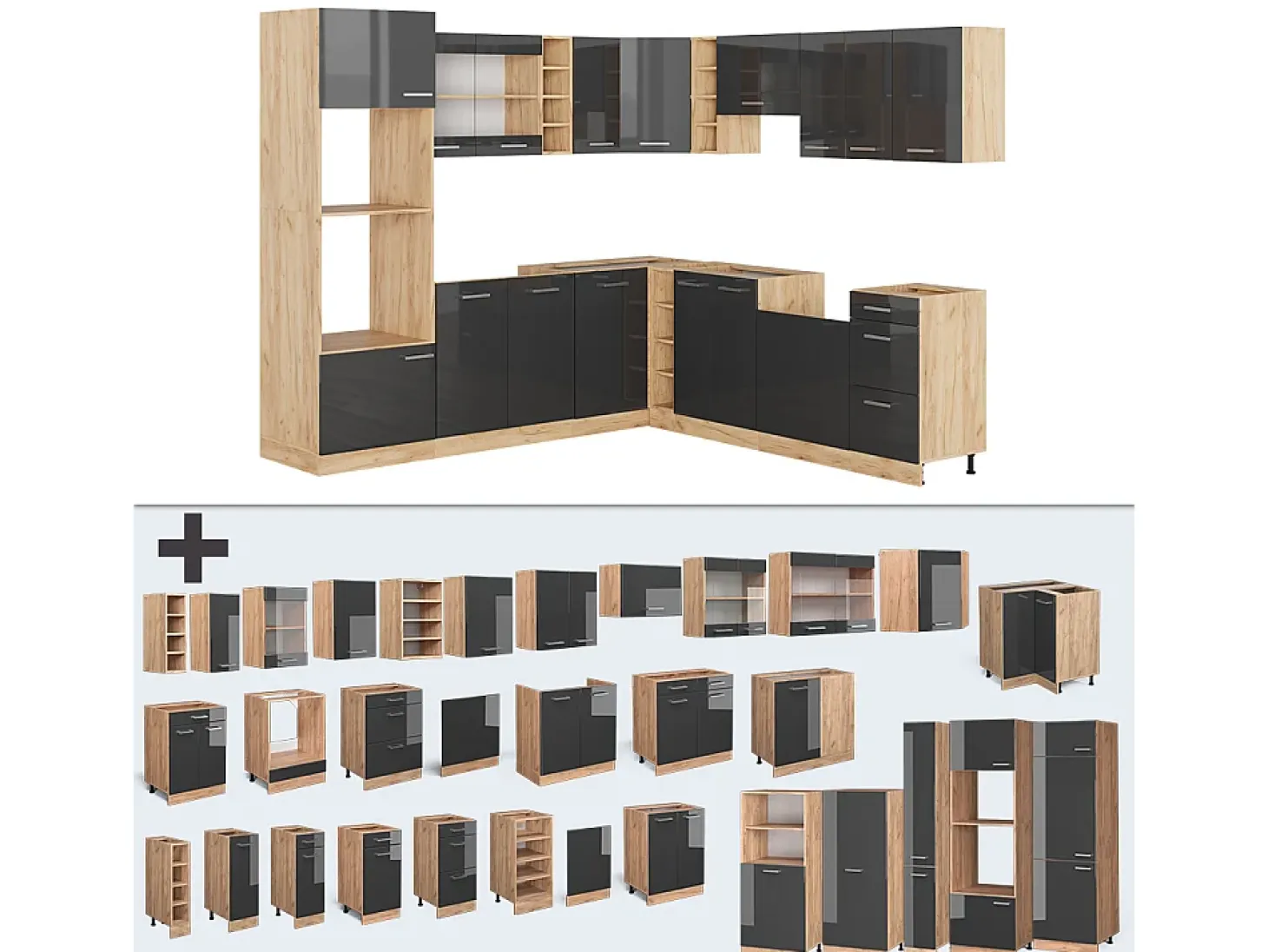 Cocina esquinera antracita brillo intenso/roble dorado eléctrico 247x46x81.6 r-line