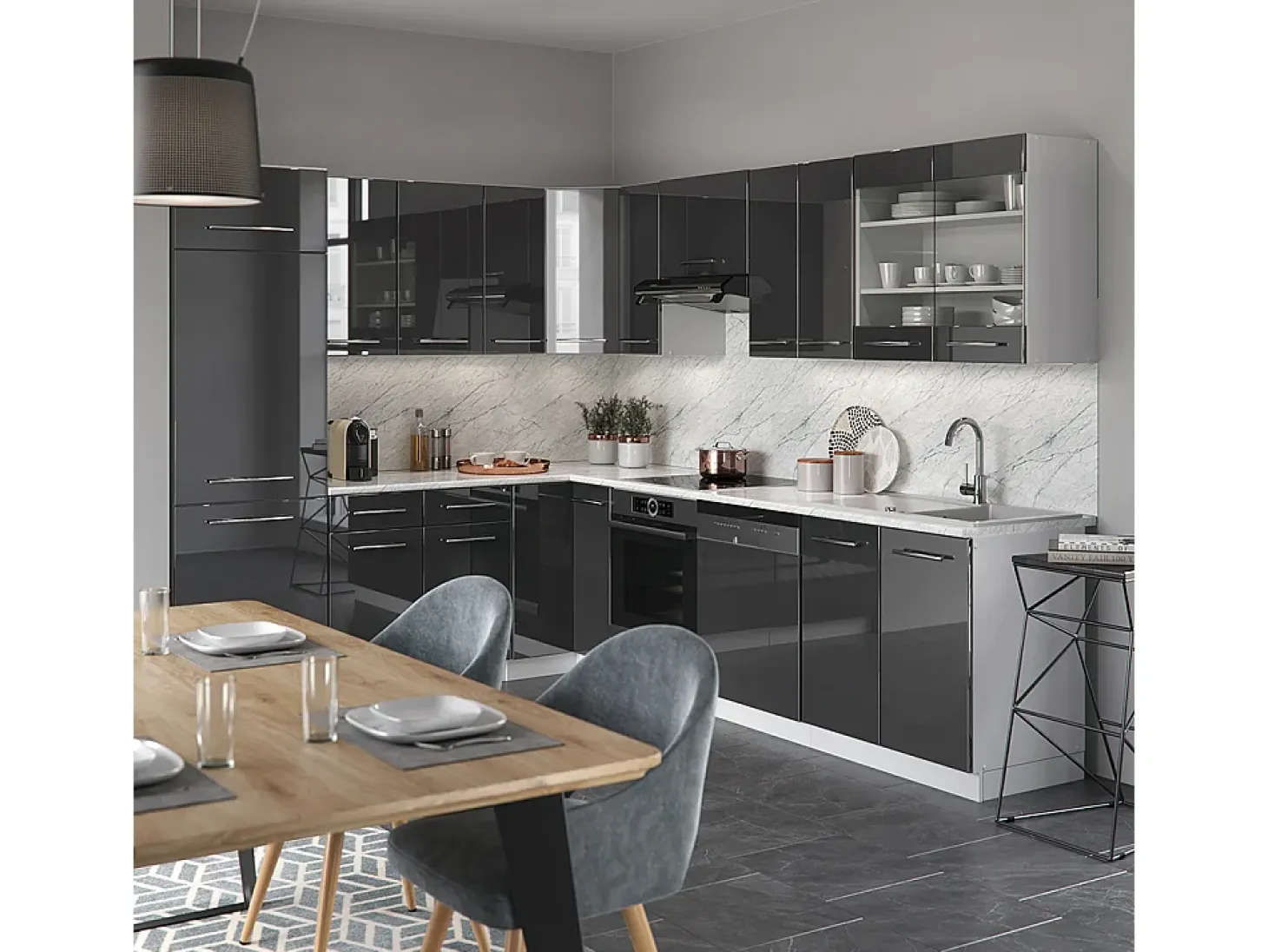 Cocina esquinera antracita brillo intenso/blanco 287x60x81.6 fame-line
