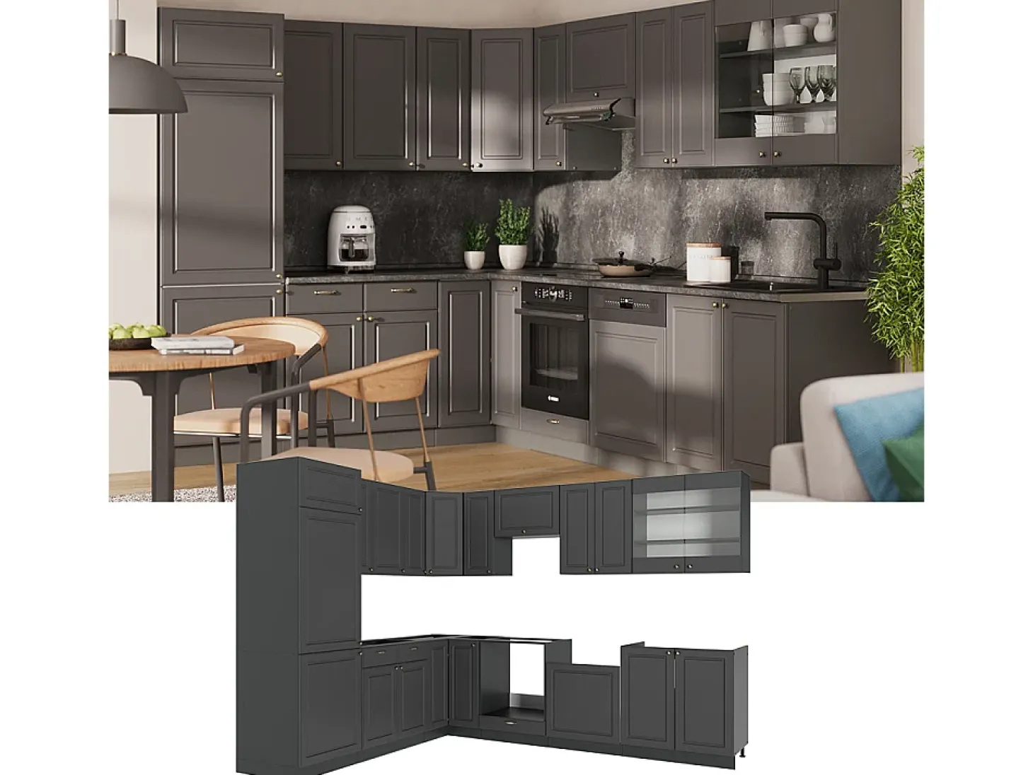 Cocina esquinera antracita-oro landhaus 287x60x81.6 fame-line