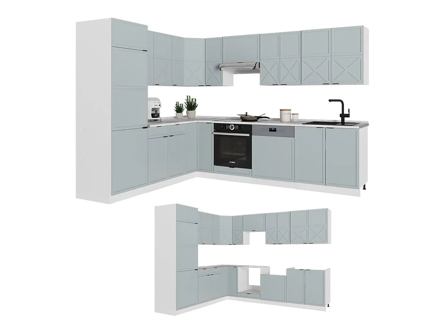 Cocina esquinera azul claro-gris-blanco 287x60x81.6 fame-line