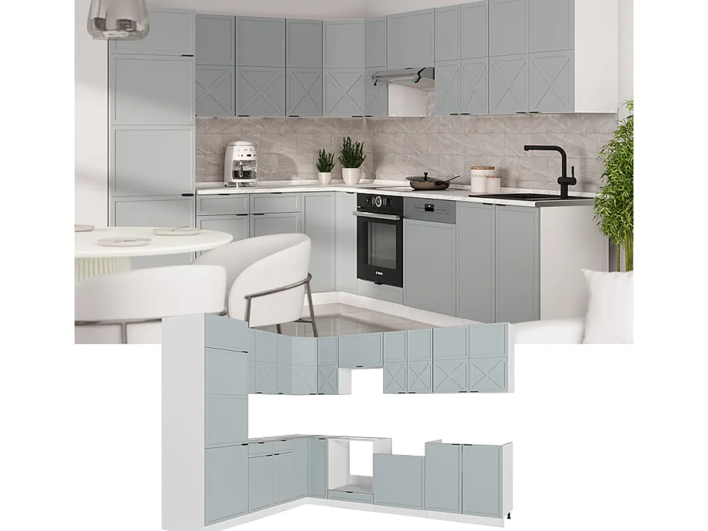 Cocina esquinera azul claro-gris-blanco 287x60x81.6 fame-line