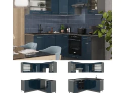 Cocina esquinera azul oscuro alto brillo/antracita 190x60x81.6 fame-line