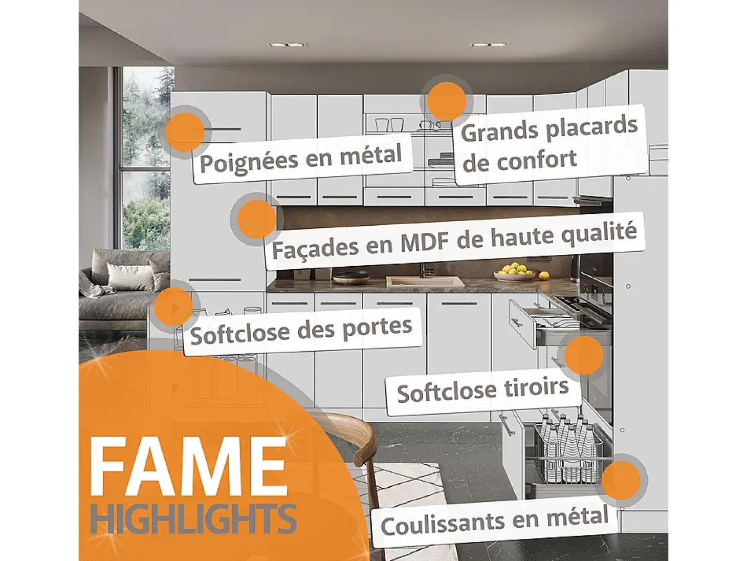 Cocina esquinera azul oscuro alto brillo/blanco 287x60x81.6 fame-line