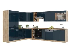 Cocina esquinera azul oscuro alto brillo/roble dorado 347x60x81.6 fame-line