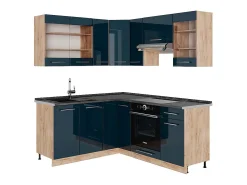 Cocina esquinera azul oscuro alto brillo/roble dorado 190x60x81.6 fame-line