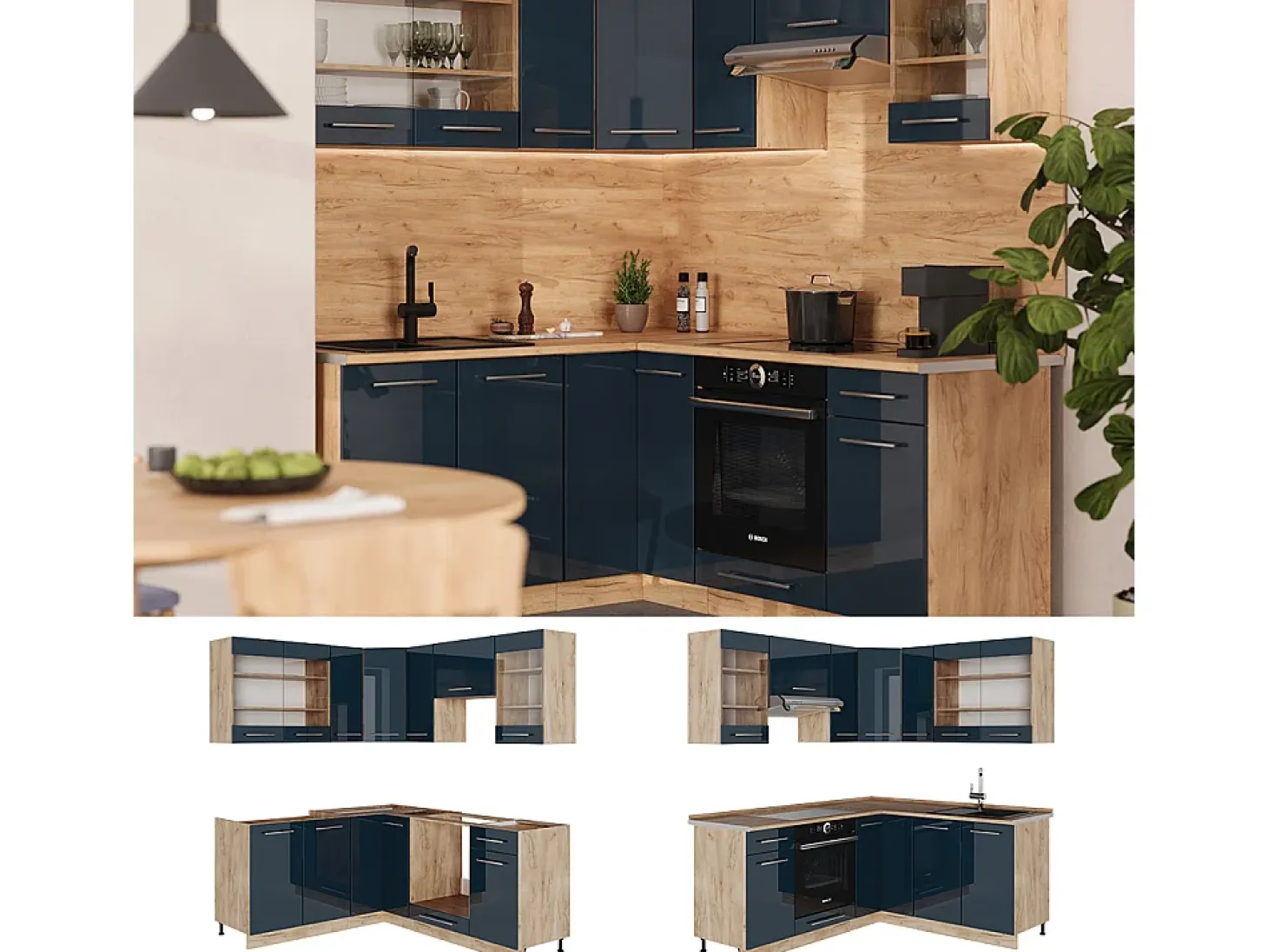 Cocina esquinera azul oscuro alto brillo/roble dorado 190x60x81.6 fame-line
