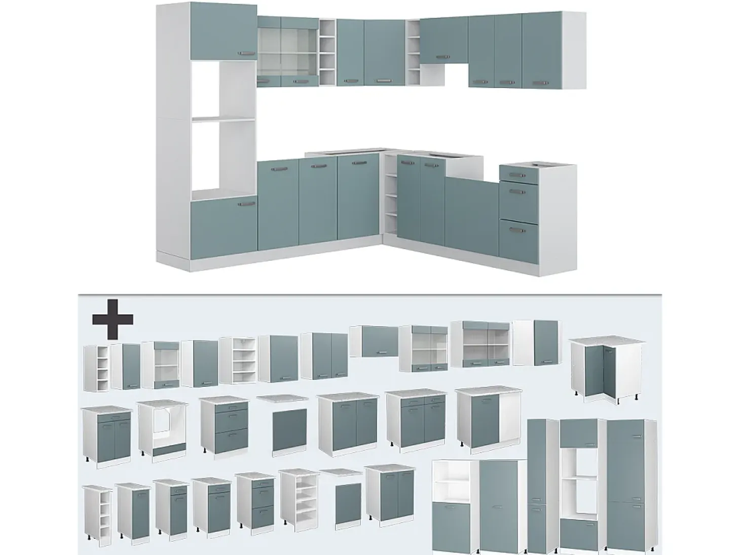 Cocina esquinera azul-gris-blanco 247x60x81.6 r-line