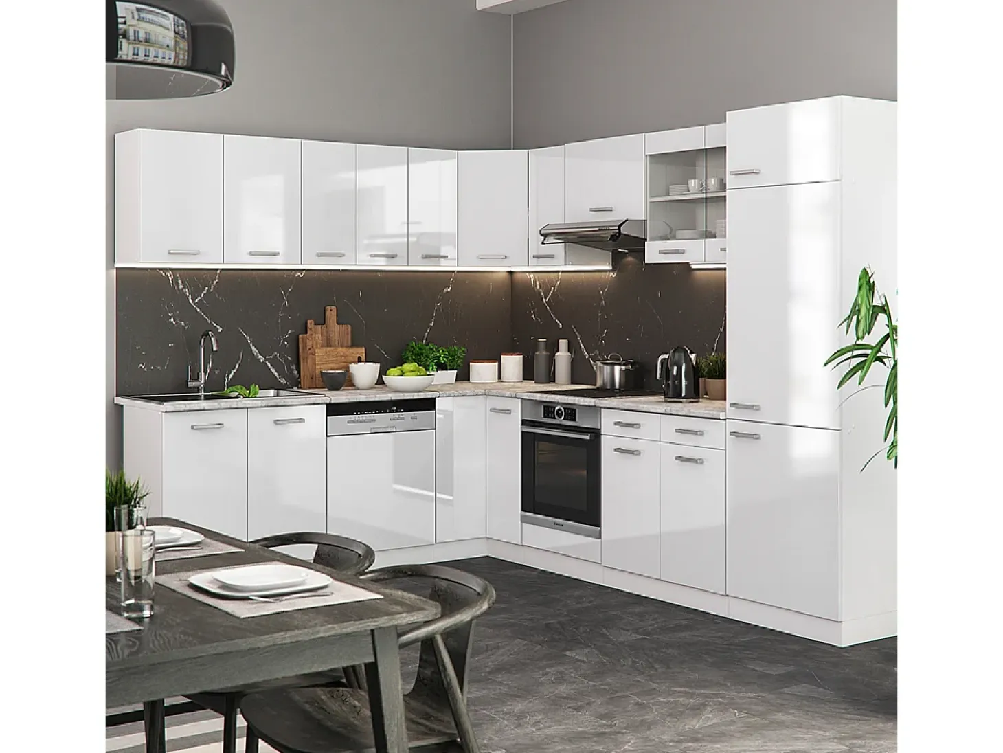 Cocina esquinera blanco alto brillo/blanco 287x60x81.6 r-line