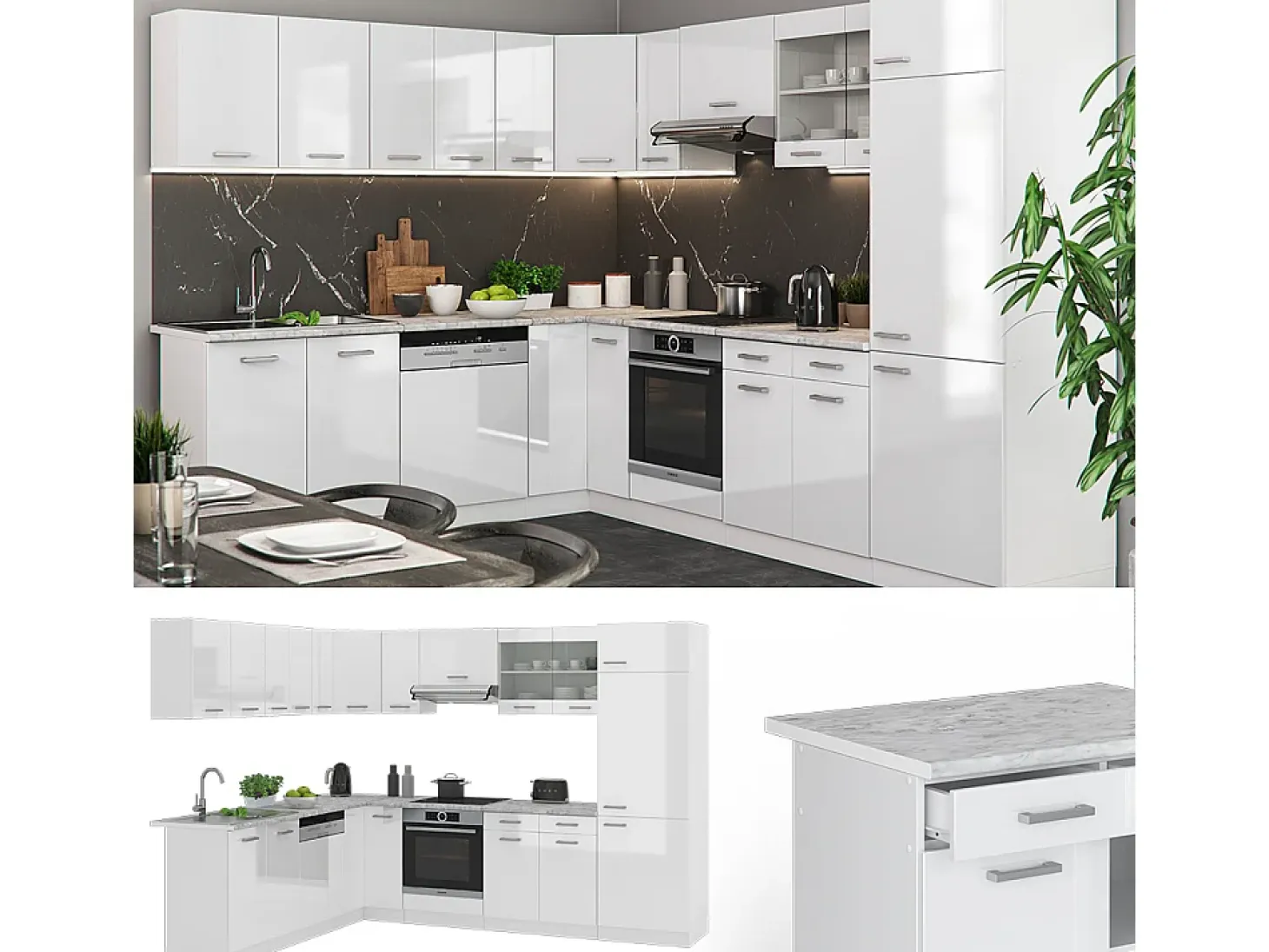 Cocina esquinera blanco alto brillo/blanco 287x60x81.6 r-line