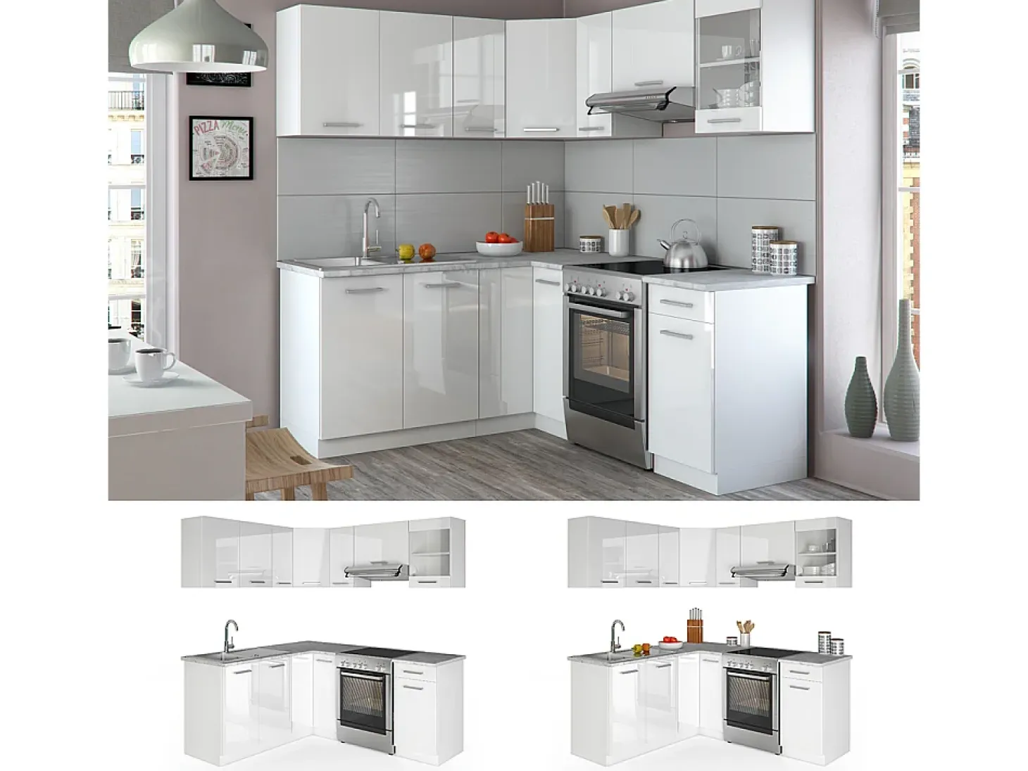 Cocina esquinera blanco alto brillo/blanco 190x60x81.6 rick
