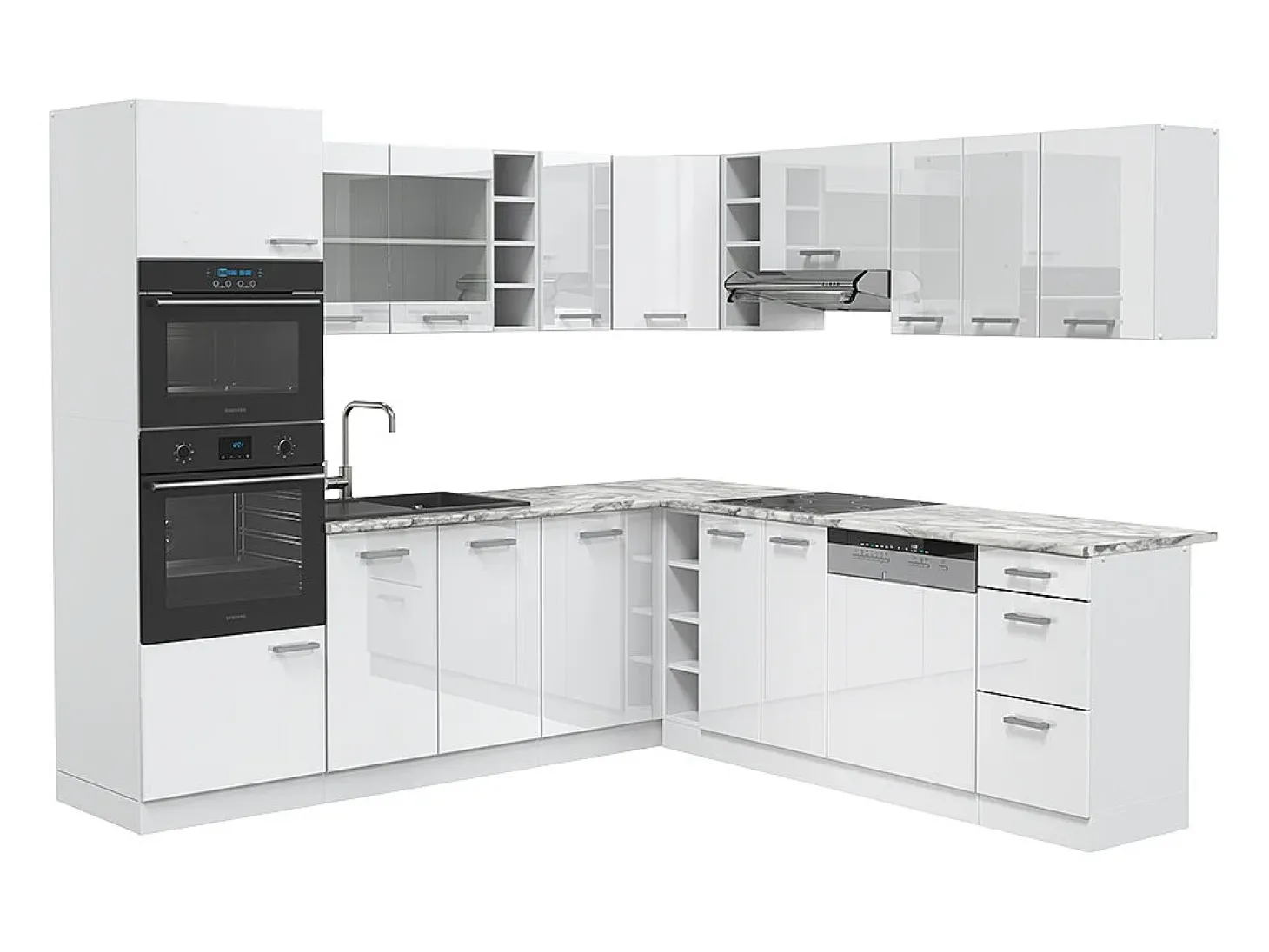 Cocina esquinera blanco alto brillo/blanco 247x60x81.6 r-line
