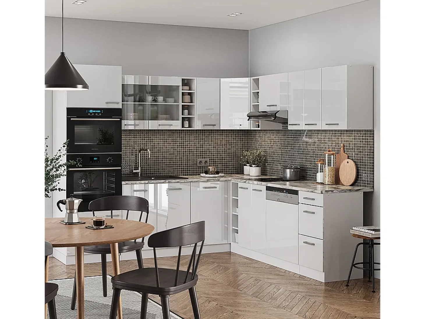 Cocina esquinera blanco alto brillo/blanco 247x60x81.6 r-line