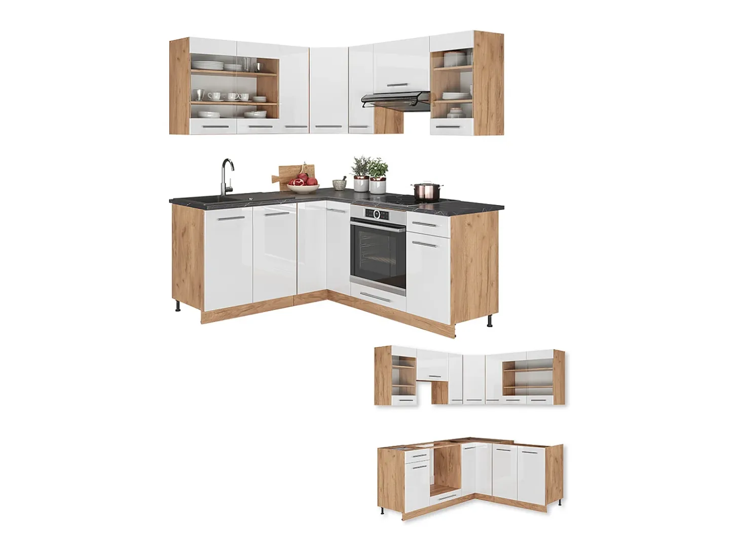 Cocina esquinera blanco brillo intenso/roble dorado 190x46x81.6 fame-line