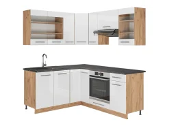 Cocina esquinera blanco brillo intenso/roble dorado 190x46x81.6 fame-line