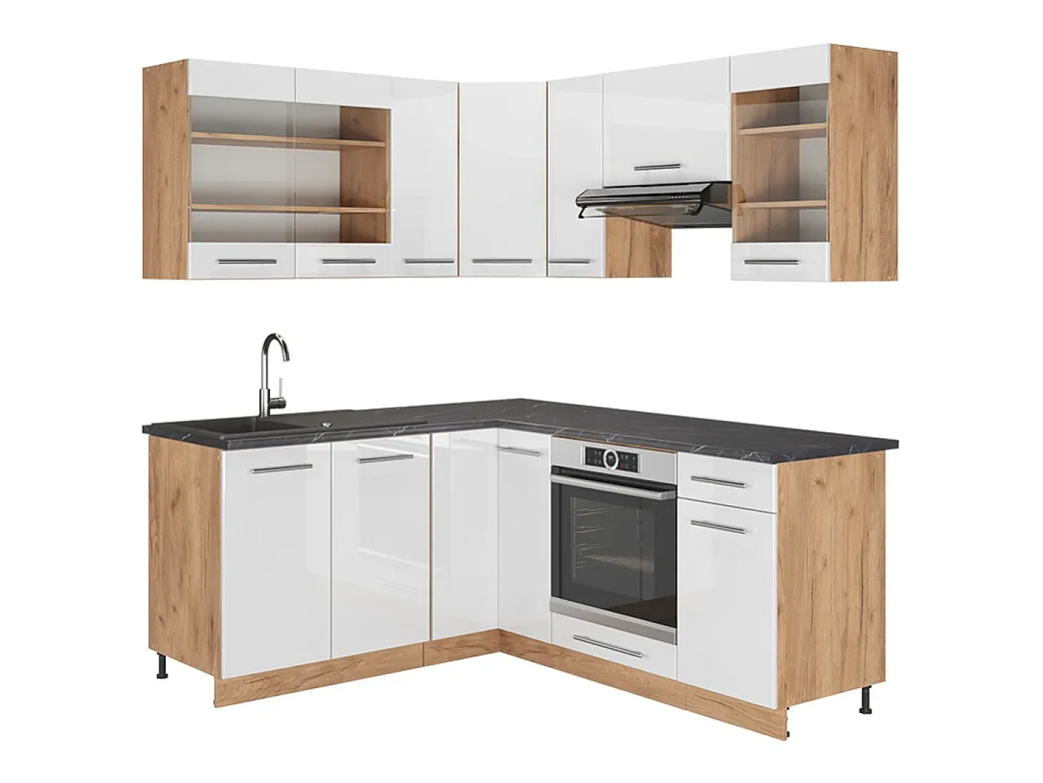 Cocina esquinera blanco brillo intenso/roble dorado 190x46x81.6 fame-line