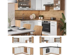 Cocina esquinera blanco brillo intenso/roble dorado 190x46x81.6 fame-line