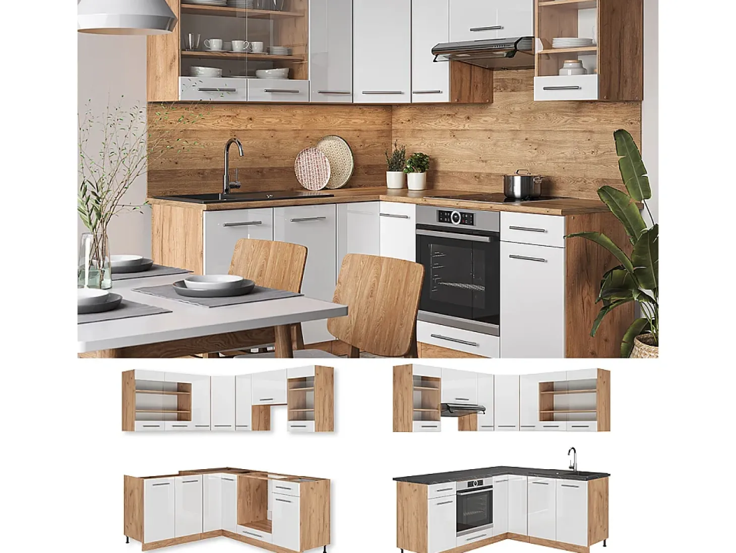 Cocina esquinera blanco brillo intenso/roble dorado 190x46x81.6 fame-line