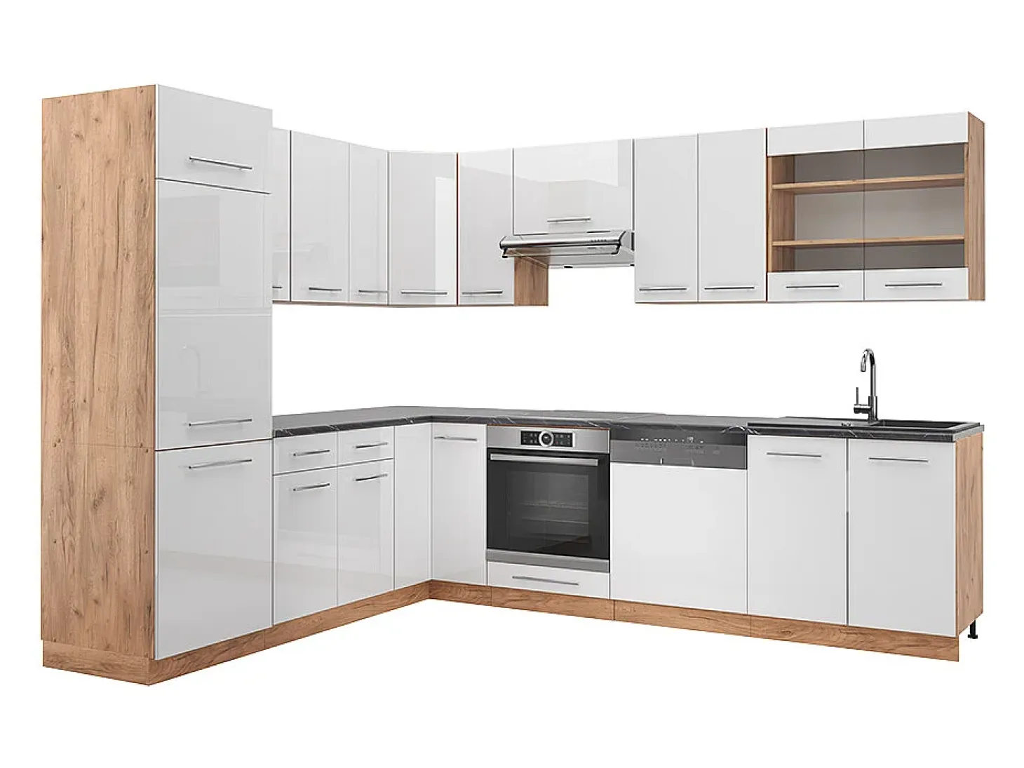 Cocina esquinera blanco brillo intenso/roble dorado 227x60x81.6 fame-line
