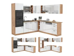 Cocina esquinera blanco brillo intenso/roble dorado 247x60x81.6 r-line