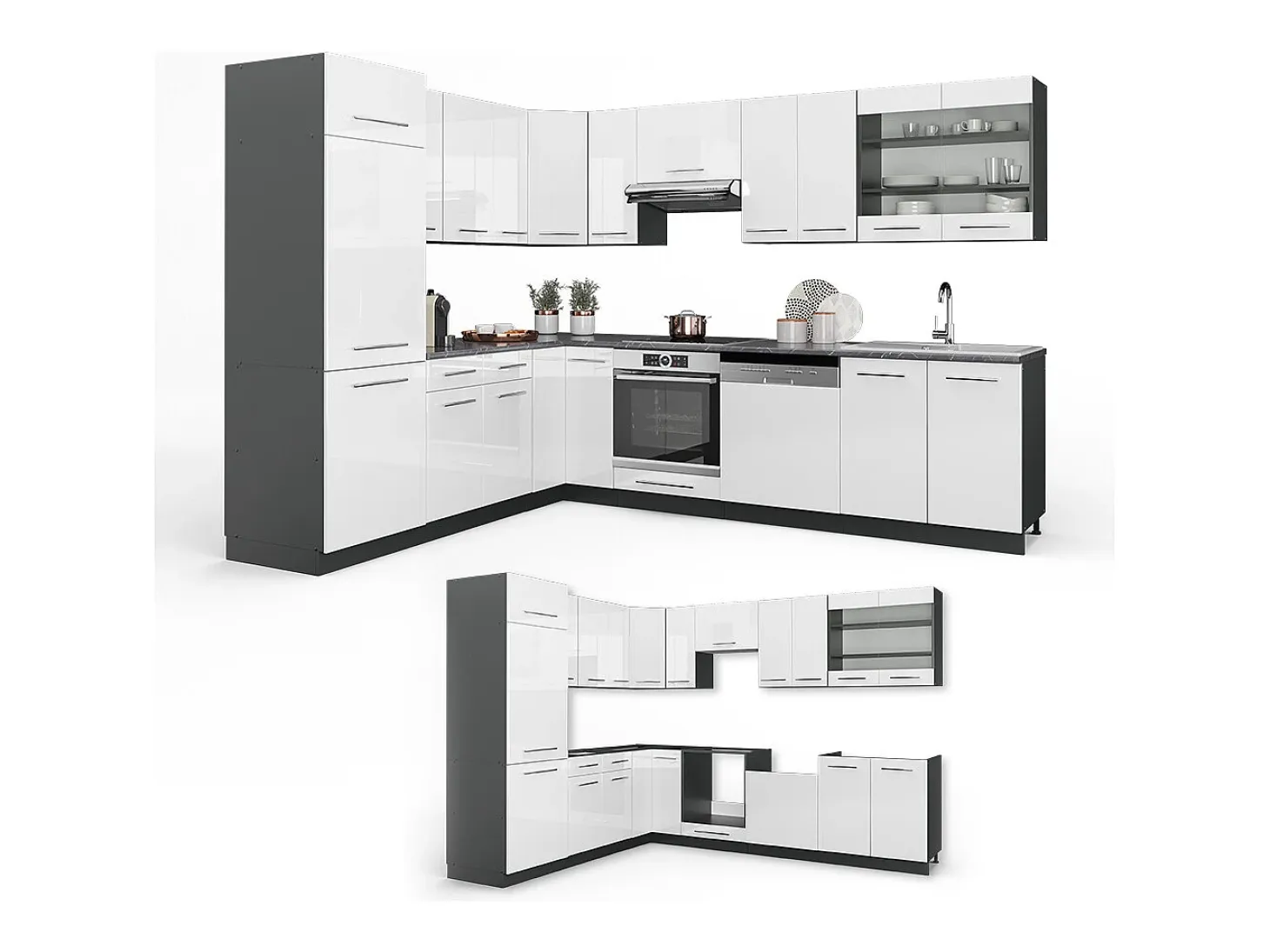 Cocina esquinera blanco brillo/antracita 287x60x81.6 fame-line