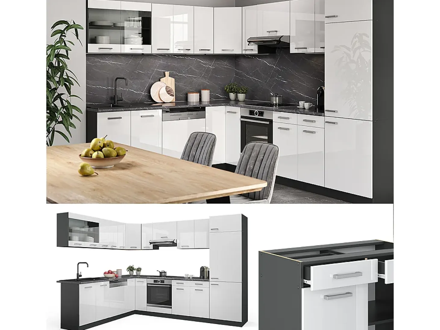 Cocina esquinera blanco brillo/antracita 287x60x81.6 r-line