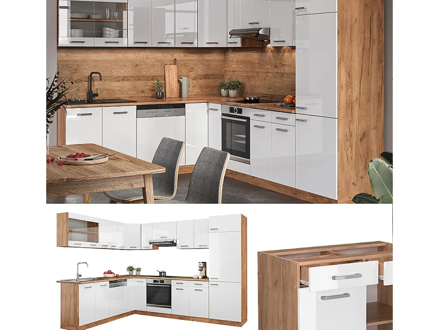Cocina esquinera blanco brillo intenso/roble dorado 287x60x81.6 r-line