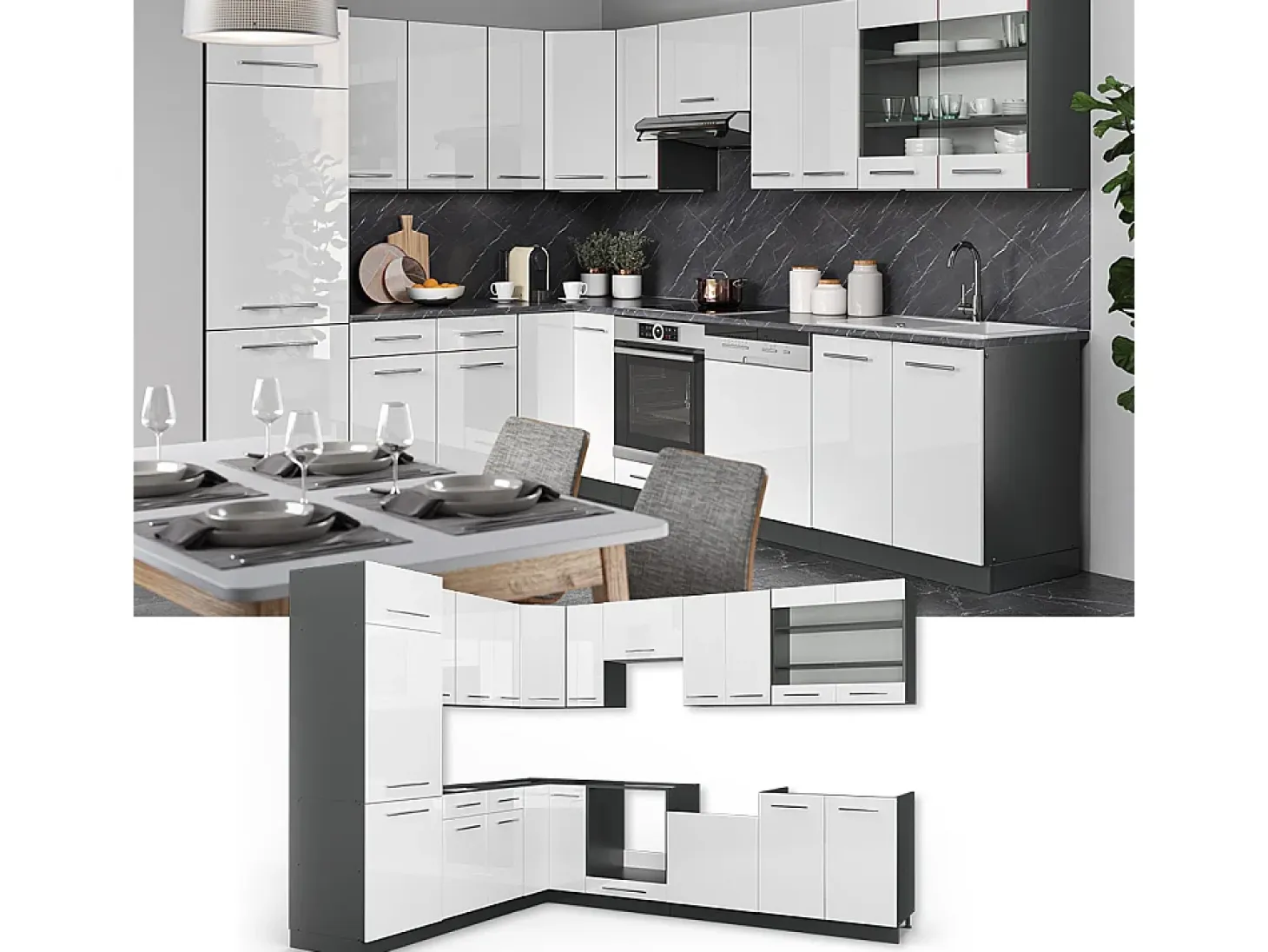 Cocina esquinera blanco brillo/antracita 287x46x81.6 fame-line