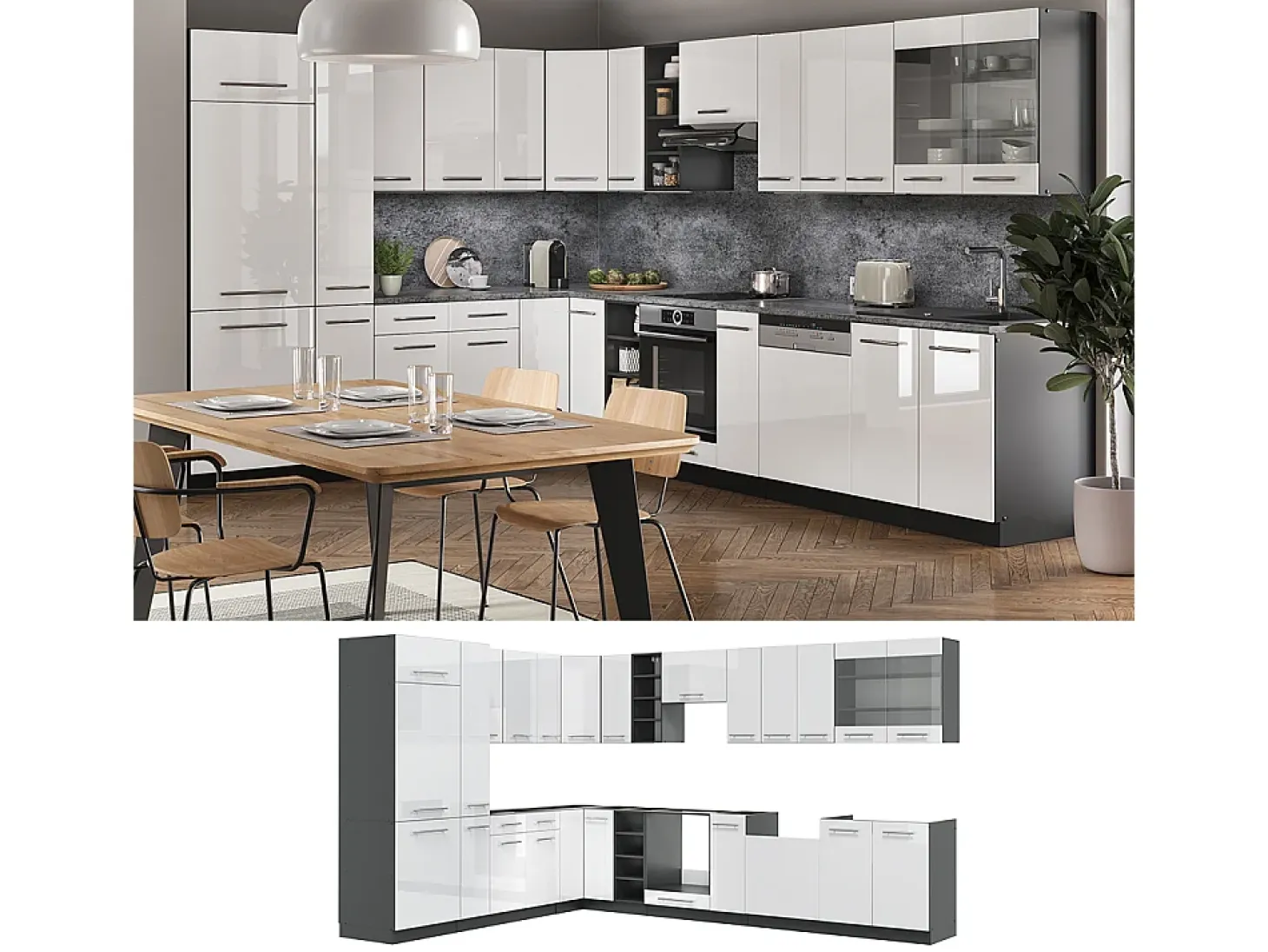 Cocina esquinera blanco brillo/antracita 347x46x81.6 fame-line